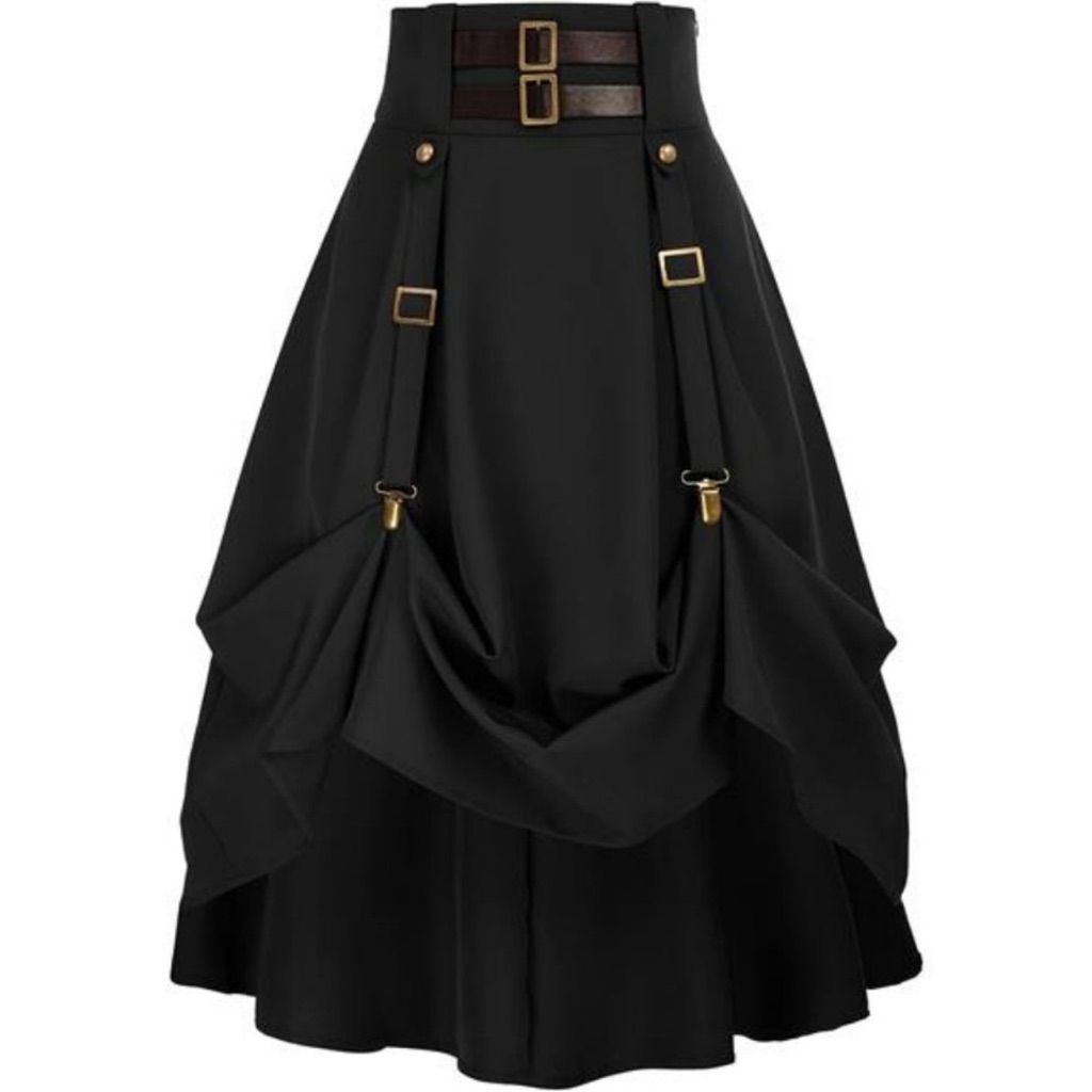 Women Goth Steampunk Skirt High Waist Pirate Midi A-Line Skirt W Pockets S-2xl